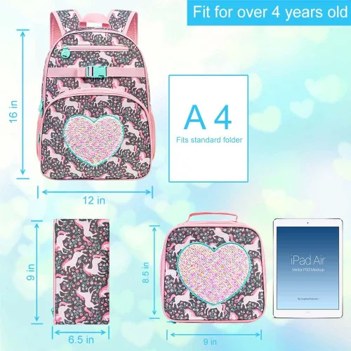Vista 4 de TXHVO Mochila de 3 piezas para niños y niñas, 16 pulgadas para jardín de infantes con lonchera, lindas mochilas elementales para niños y niñas