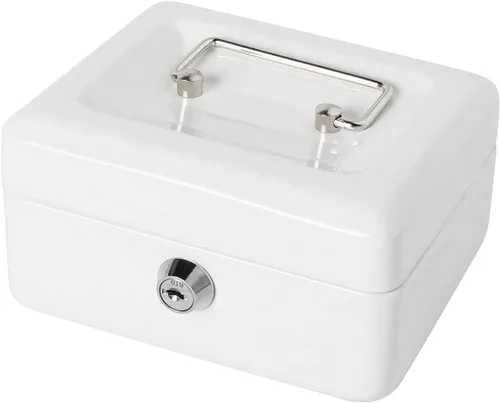 Vista 12 de Caja de dinero pequeña con bandeja de dinero y cerradura, caja de dinero de metal para efectivo, caja de seguridad de 7.87 x 6.3 x 3.54 pulgadas