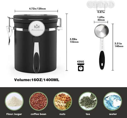 Vista 4 de Recipiente de café para café molido con Scoop Date Tracker, válvula de CO2 unidireccional, acero inoxidable 304, recipiente hermético