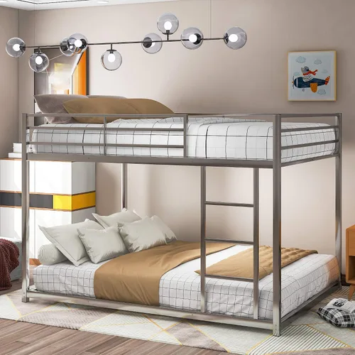 Vista 9 de PURLOVE Litera de metal individual XL sobre Queen para niños, litera baja con escalera, no necesita somier, color negro plateado