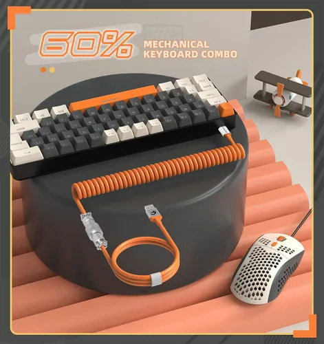 Vista 2 de LexonElec T60PRO - Combo de teclado y mouse mecánico 60% + cable USB C en espiral, teclado retroiluminado LED RGB compacto, interruptor azul clic