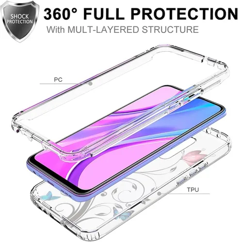 Vista 3 de Funda para Redmi 9/Redmi 9 Prime/Poco M2 M2004J19PI con protector de pantalla de vidrio templado, diseño de mariposa transparente de cuerpo