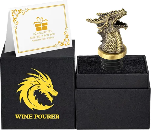 Vista 2 de Cabeza de Dragón Vertedor y Tapón de Botella de Vino 2 en 1, Regalos de Dragón para Hombres y Mujeres Fanáticos de los Dragones, Vertedores