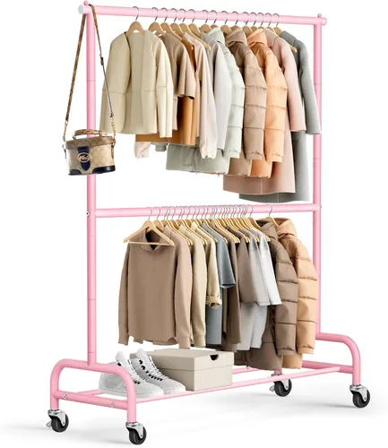 Vista 10 de MISSLO Perchero resistente para ropa con doble varilla para colgar, estante de ropa enrollable, armario de closet con ruedas, metal, ajustable, negro