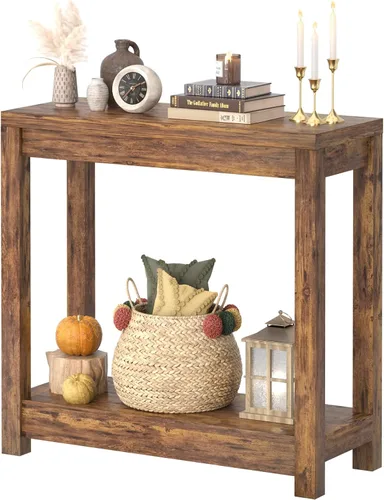 Vista 19 de Besiost Mesa auxiliar de granja, mesa auxiliar estrecha, mesa auxiliar delgada con estante de almacenamiento, mesa consola pequeña para espacios