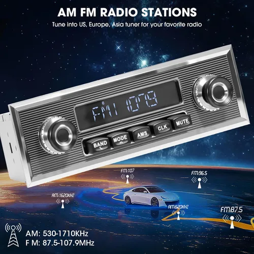 Vista 3 de Estilo retro clásico Radio de coche - ABSOSO Bluetooth de una sola ranura Vintage Estéreo - Sintonizador AM FM USB AUX Entrada 4.1 CHN Salida