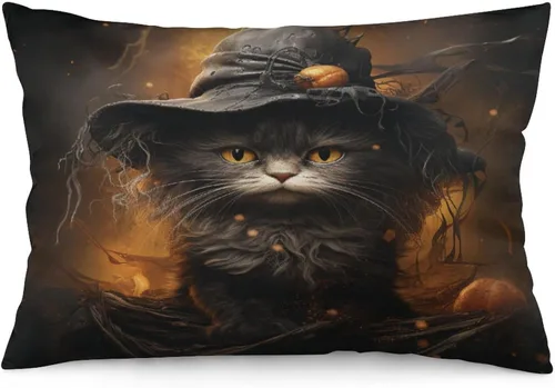 Vista 16 de Funda de almohada con sombrero de bruja con diseño de gato de 20 x 30 pulgadas, diseño de impresión de doble cara con cremallera invisible, Patrón 8