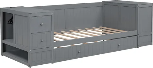 Vista 8 de SOFTSEA Sofá cama de tamaño individual con nido, cajones y puertos USB, sofá cama de madera maciza con estantería de almacenamiento, multifuncional