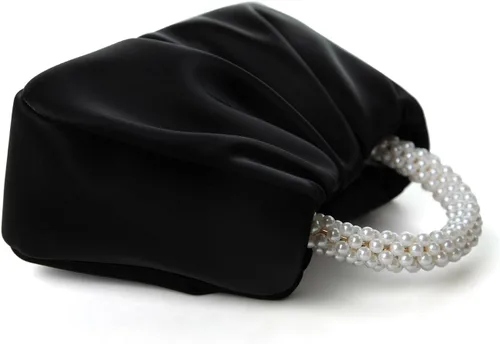 Vista 2 de Beatfull Bolso de noche para mujer, bolso de mano pequeño con perlas de cuero suave, bolso fruncido para boda, novia, fiesta, baile de graduación
