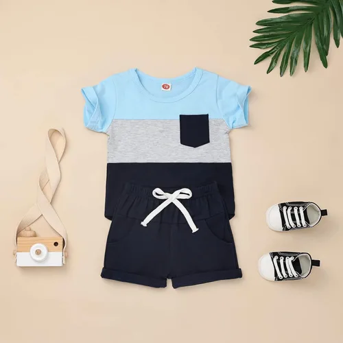 Vista 40 de Ropa para bebé niño pequeño, trajes de verano de manga corta, camiseta de retazos y pantalón con bolsillo, conjunto de 2 piezas, 12 meses a 4 años