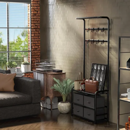 Vista 6 de Simple Houseware - Perchero con estante, árbol de pie con ganchos, color negro Para entrada, dormitorio, oficina, soporte de metal negro