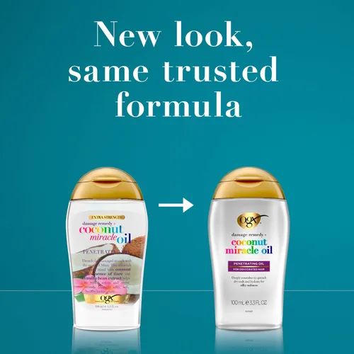 Vista 4 de OGX Remedio Extra Fuerte Contra Daños + Aceite Milagroso de Coco Tratamiento de Aceite Penetrante para el Cabello, Aceite Antiencrespamiento Extra