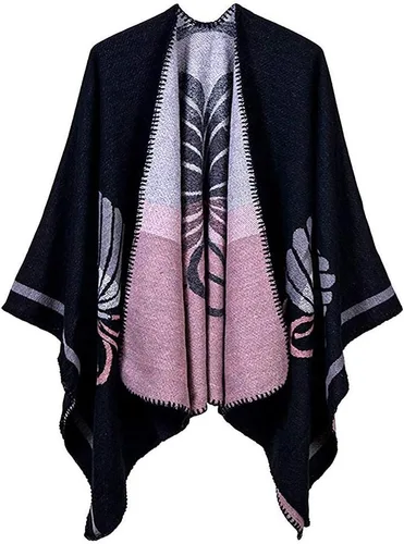 Vista 9 de Chal estilo poncho de frente abierta con patrón vintage para mujer, abrigo de invierno Serie 15-negro