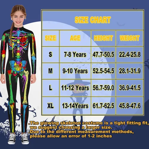 Vista 6 de TCHH - Disfraz de esqueleto de Halloween para niños y niñas, estampado 3D, talla 7 a 14 años