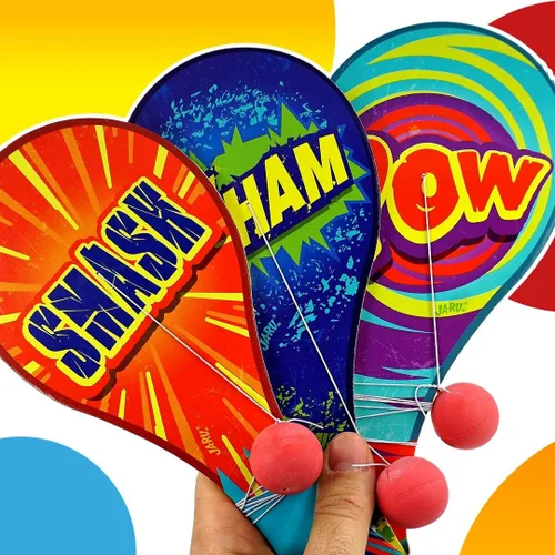 Vista 4 de JA-RU Pelota de remo de madera con cuerda (paquete de 3) juguetes retro vintage para niños, niños y niñas Juegos de juego para interiores