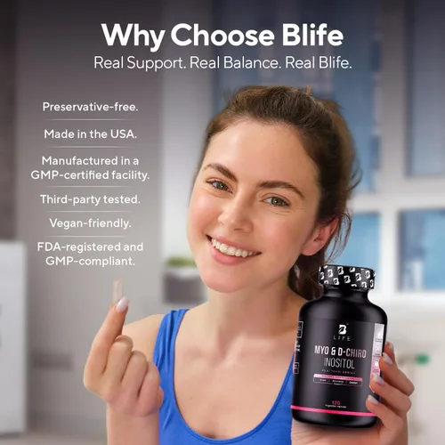 Vista 7 de B Life Company Myo-inositol y D-Chiro Inositol 40:1 para mujeres Suplemento de inositol para mujeres Equilibrio hormonal, fertilidad y ciclo