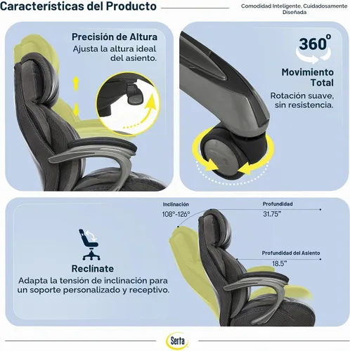 Vista 7 de Silla de oficina Serta grande y alta con capas inteligentes y tecnología de aire, Cuero, Negro