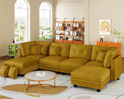 Vista 57 de LLappuil Sofá seccional modular con asientos de almacenamiento, sofá seccional convertible modular en forma de U de pana para sala de estar, sofá