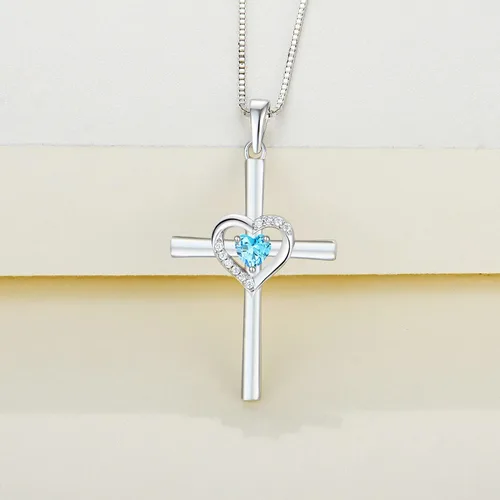 Vista 4 de YL Collar de cruz de corazón de plata de ley con colgante de crucifijo de gemas para mujer