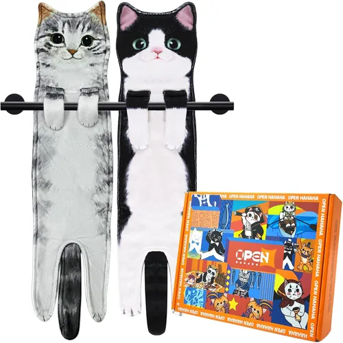 Vista 23 de PAT JUUMG - Toallas divertidas de mano con forma de gato para decoración de baño o cocina; toallas decorativas colgantes para la cara, súper