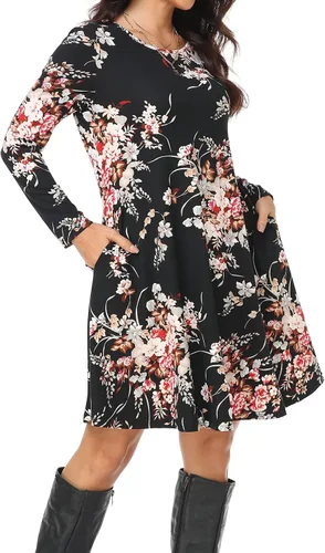 Vista 6 de Vestido casual para mujer, holgado, de manga larga, con volantes, cuello redondo, con bolsillos