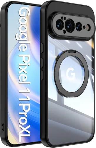 Vista 57 de 【Soporte magnético giratorio de 360°】 Funda para Google Pixel 9 【Compatible con MagSafe y Pixelsnap】 Funda con soporte de anillo 【Cristal Negro