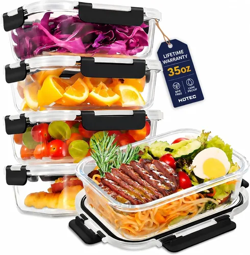 Vista 7 de HOTEC Recipiente de vidrio de almacenamiento de alimentos de 35 onzas, recipientes herméticos de vidrio para almuerzo y frutas con tapas, apto