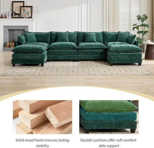 Vista 6 de Sofá seccional modular verde de 111.5", sofás seccionales grandes de 3 plazas para sala de estar, sofá nube oversized de tela chenille con otomana
