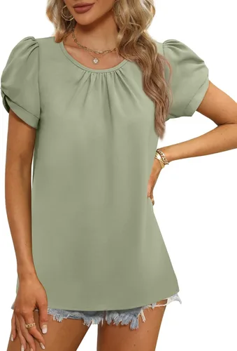 Vista 2 de Saloogoe Blusas de gasa para mujer, de manga corta, plisadas, cuello redondo, manga abombada