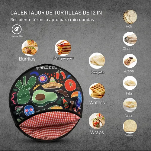 Vista 4 de Tortillada - Calentador de tortilla de 12 pulgadas/recipiente de calor para microondas hecho de algodón/poliéster (negro)