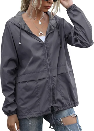 Vista 26 de PESION Chaqueta impermeable ligera para mujer, rompevientos con capucha y bolsillo para exteriores Verde militar