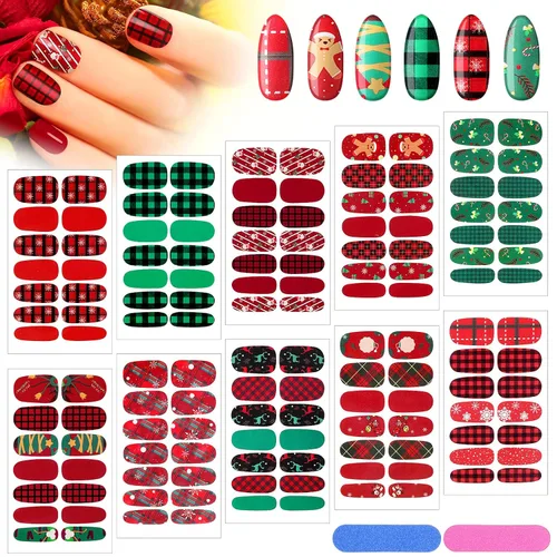 Vista 12 de 140 piezas, 10 hojas de calcomanías de uñas de envoltura completa, tiras de esmalte con degradado, calcomanías autoadhesivas con purpurina, tiras