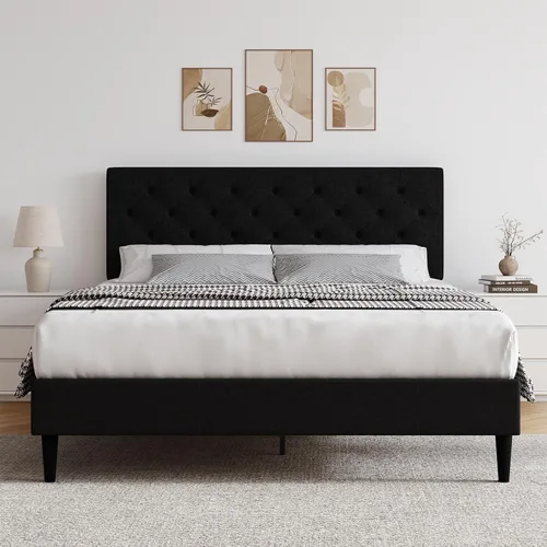 Vista 11 de HOMBCK Base de cama de tamaño individual con cabecera, base de cama tapizada con plataforma de lino para niños, base de cama de tamaño individual