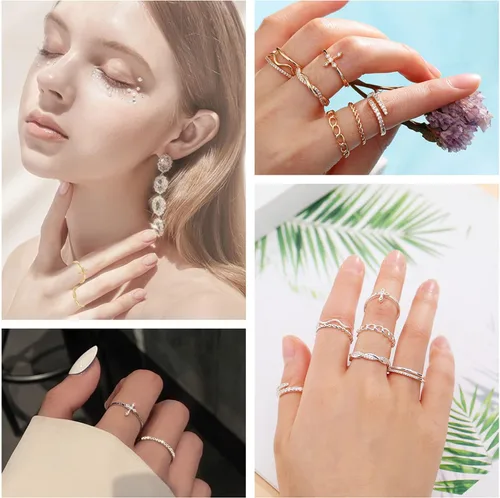 Vista 4 de Honsny Juego de anillos apilables chapados en oro de 14 quilates para mujer, anillos apilables para nudillos, anillos de plata finos y delicados
