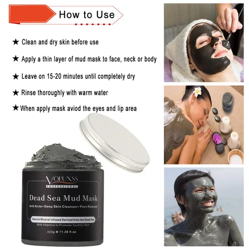 Vista 6 de Máscara de barro del Mar Muerto para cara y cuerpo, mascarilla de limpieza profunda para el acné, minimizador de poros, removedor natural de puntos