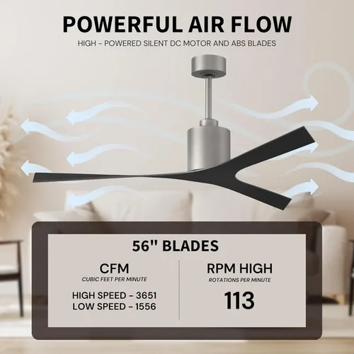 Vista 5 de Matthews MK-BN-BK Molly - Ventilador de techo moderno de 56 pulgadas para exteriores e interiores, con control remoto y control de pared, 3 aspas