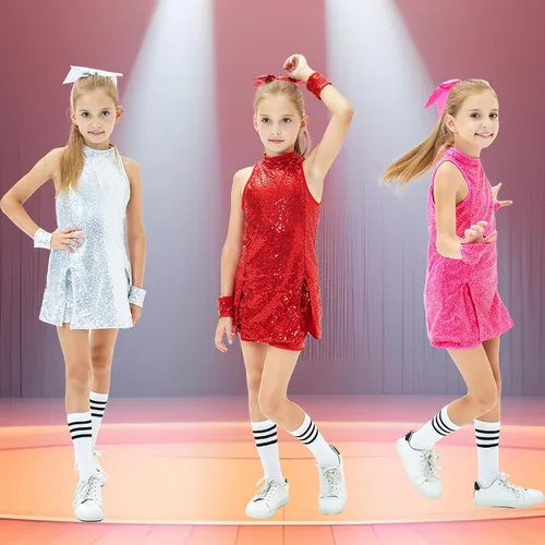 Vista 7 de Girls Sequins Dance Dress, Jazz Dance Costumes Hip Hop Outfits Sleeveless Modern Dance Costume Top and Shorts