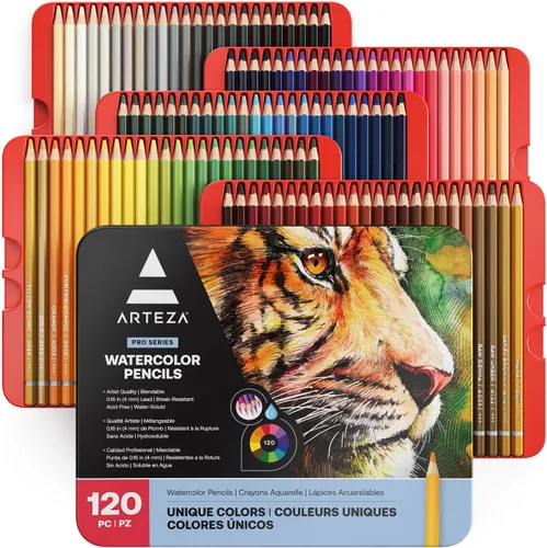 Vista 9 de Arteza - Lápices de acuarela, 48 lápices de dibujo coloreados para artistas, lápices de acuarela en caja de metal, suministros de arte