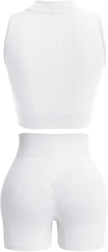 Vista 6 de Conjuntos de entrenamiento para mujer, conjuntos de 2 piezas, sin costuras, acanalados, con cremallera bidireccional, manga corta, pantalones cortos