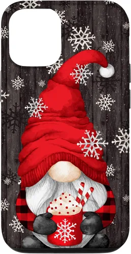 Vista 27 de iPhone 14 Pro Gnomo de Navidad rojo para mujeres con taza de cacao caliente lindo estuche de Navidad