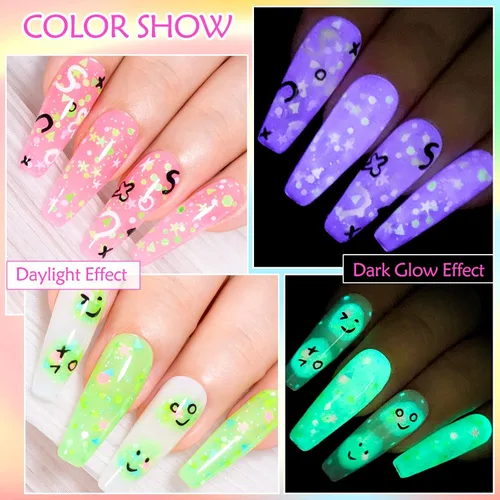 Vista 5 de MEET ACROSS Juego de esmaltes de uñas de gel luminosos de caramelo de 6 colores, esmalte de uñas de gel que brilla en la oscuridad con cepillo