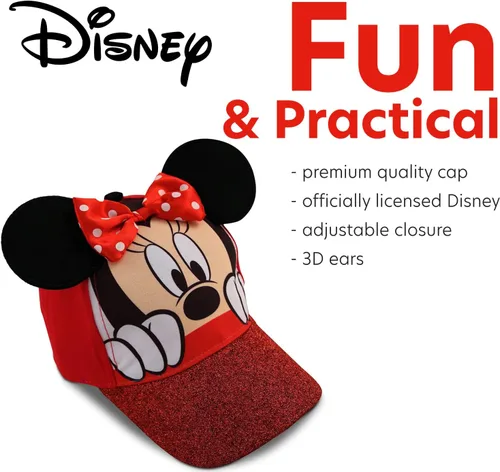 Vista 3 de Disney Gorra de béisbol con purpurina de Minnie Mouse para niña, sombrero de disfraz de Minnie Mouse con orejas 3D (2-7)