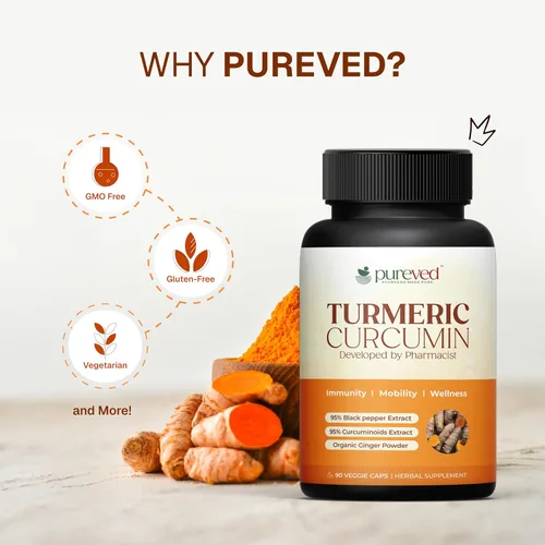 Vista 6 de Curcumina de cúrcuma 90 cápsulas vegetales con pimienta negra y jengibre para una mejor absorción 100% pura y natural Fabricado en la India