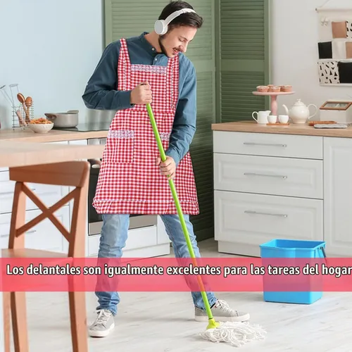 Vista 5 de Delantal clásico vintage para mujer, delantal de algodón a cuadros rojo y blanco, babero de chef de cocina para el hogar