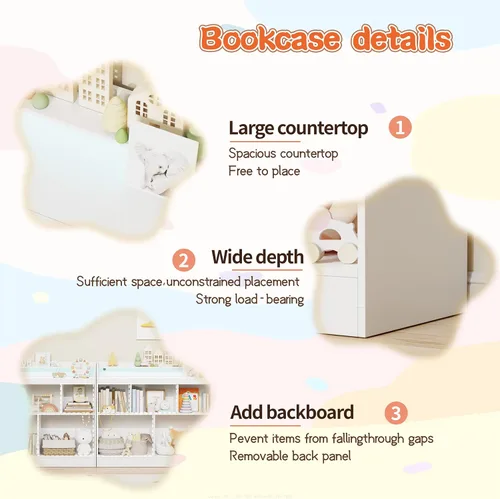 Vista 7 de Lkeiyay Estantería abierta para niños, organizador de juguetes Montessori con luces LED, estantería abierta de madera blanca para niños, dormitorio