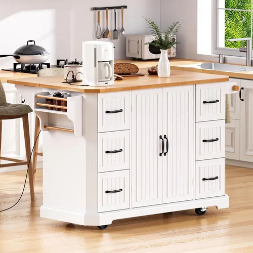 Vista 9 de Isla de cocina de 2 hojas caídas sobre ruedas, carrito de cocina rodante con tomas de corriente, mesa de isla de cocina con 2 gabinetes