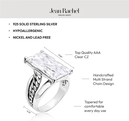 Vista 5 de JEAN RACHEL JEWELRY Anillo de plata de ley 925 Cadena de bordillo con circonita cúbica baguette diseño vintage Hipoalergénico, sin plomo ni níquel