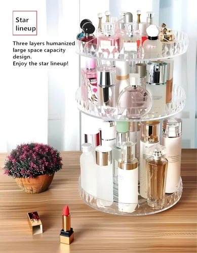 Vista 3 de Organizador de perfumes, organizador de maquillaje giratorio de 360 grados, caja de almacenamiento de cosméticos de diamante, estante giratorio