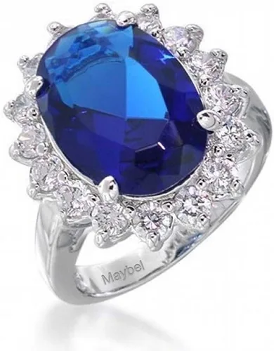Vista 6 de Anillo de compromiso de plata de ley 925 personalizable con halo de corona ovalada de 5 a 7 quilates con circonita cúbica simulada de zafiro azul