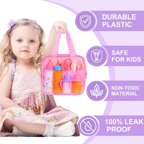 Vista 5 de Juego de accesorios de biberones para muñecas de bebé, 2 botellas de leche y 2 botellas de jugo y 2 chupetes de juguete (rosa)